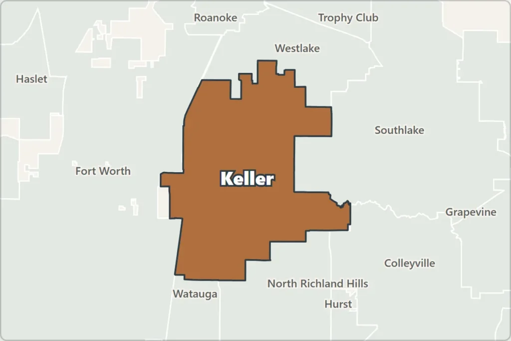 Map of Keller, Texas, and neighboring cities