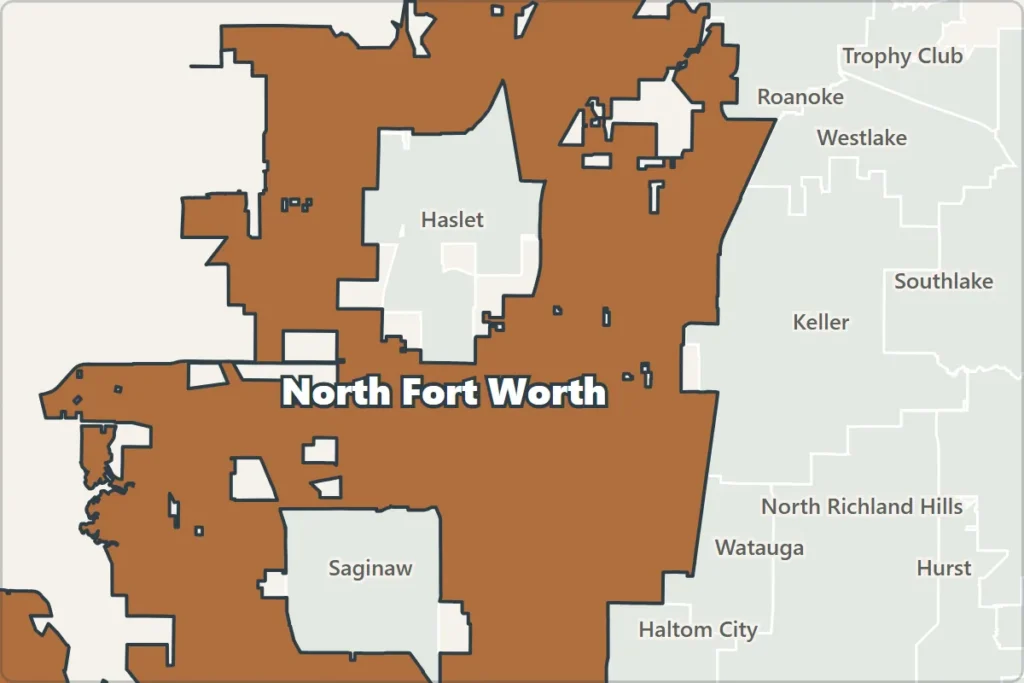 Map of north Fort Worth, Texas, and neighboring cities
