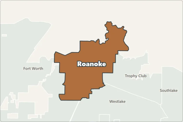 Map of Roanoke, Texas, and neighboring cities