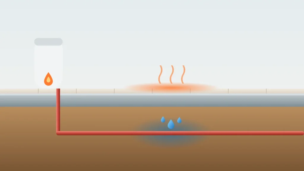 Illustration of a water heater feeding a hot water line that leaks under the slab, with heat rising from a warm spot on the floor