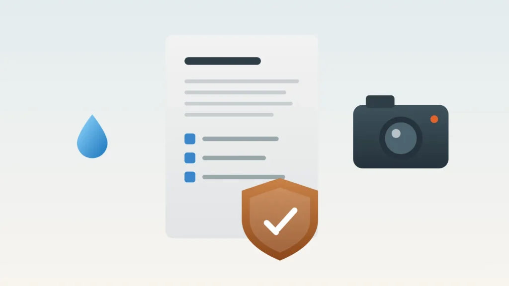 Illustration of an insurance policy with a checkmark shield and a camera for documenting damage