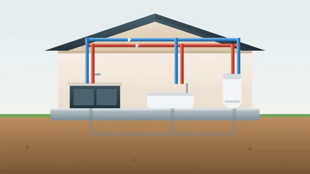 Illustration of a whole-house repipe with new hot and cold lines running through the attic to each fixture
