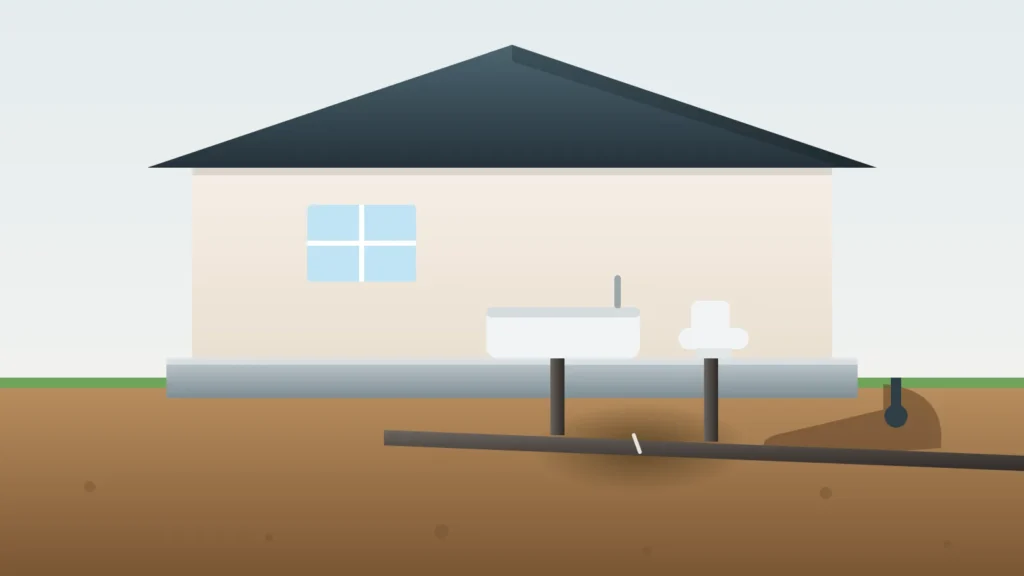Illustration of a cracked cast-iron drain line under a house slab, with a tunnel dug from outside to reach it
