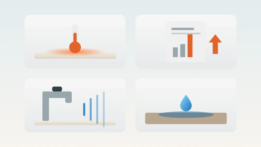 Illustrations of four slab leak signs: a warm floor, a rising water bill, the sound of running water, and damp flooring