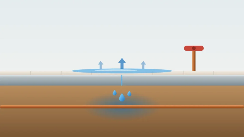 Illustration of water seeping up through a concrete slab and spreading across a tile floor, next to a main water shutoff valve