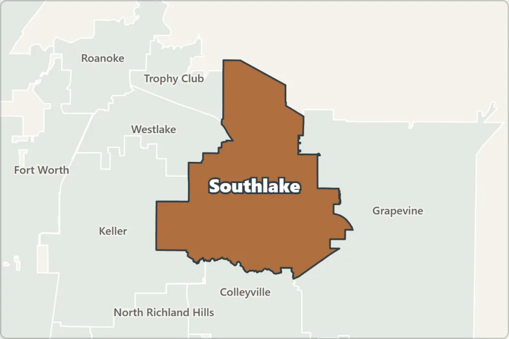 Map of Southlake, Texas, and neighboring cities